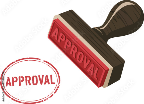 Vintage approval rubber stamp with red ink impression and wooden handle vector illustration