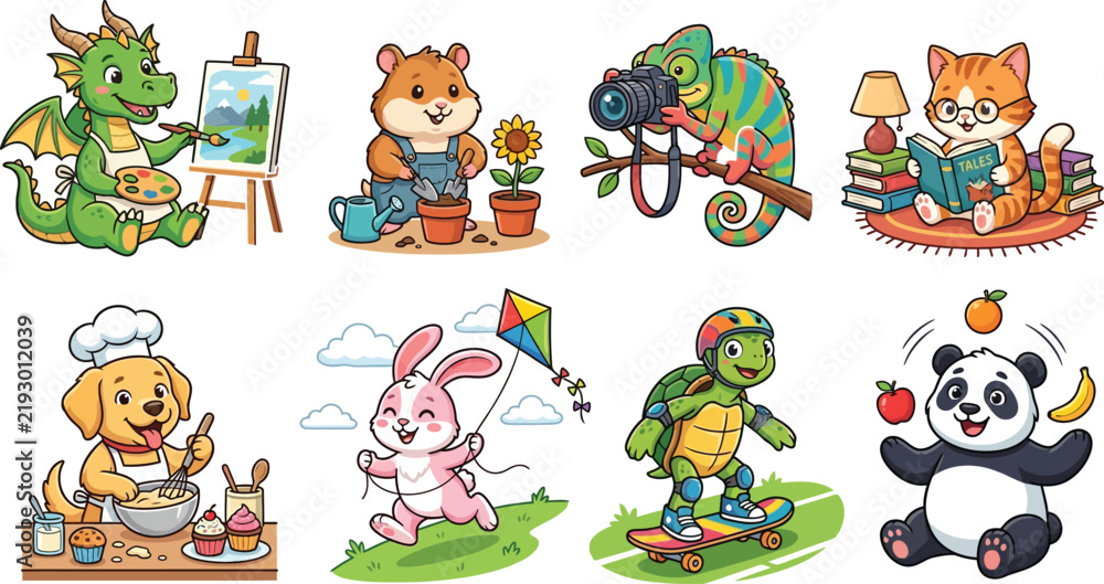 Obraz premium Cute Cartoon Animal Hobbies Set Featuring Dragon Painting Hamster Gardening Cat Reading and Turtle Skateboarding