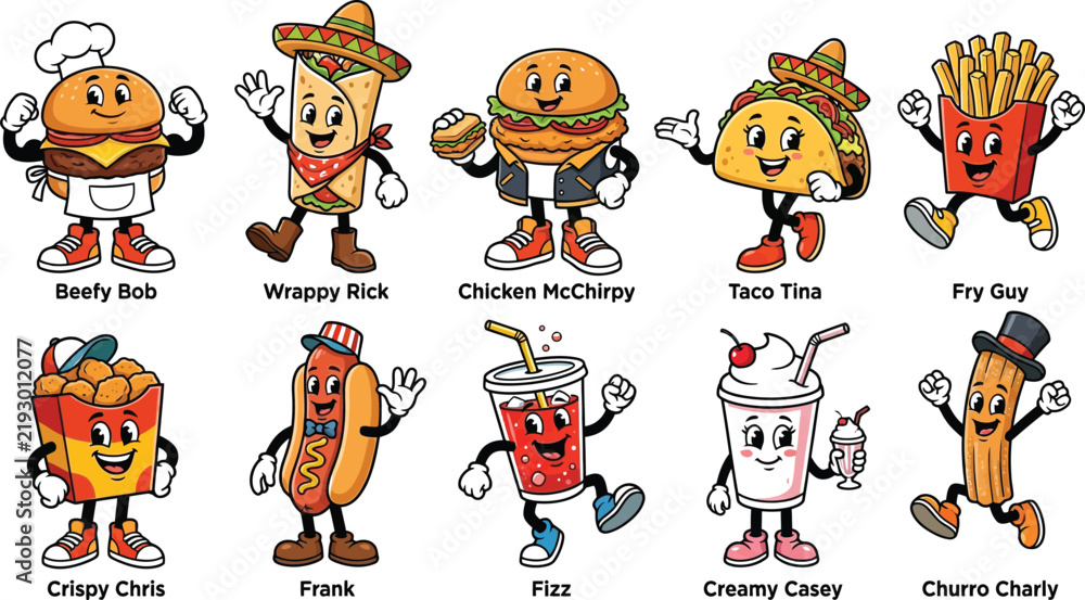 Obraz premium Cute Fast Food Mascot Characters Set Vector Illustration for Restaurant Branding and Stickers