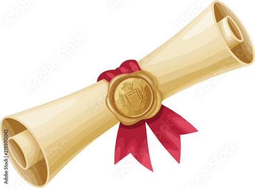 Rolled diploma scroll tied with red ribbon and gold wax seal on white background