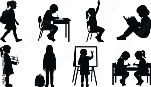 Set of school children silhouettes studying, reading, and learning in classroom activities