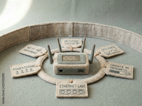 Obraz na płótnie Handmade felt router model showing network update and connectivity status