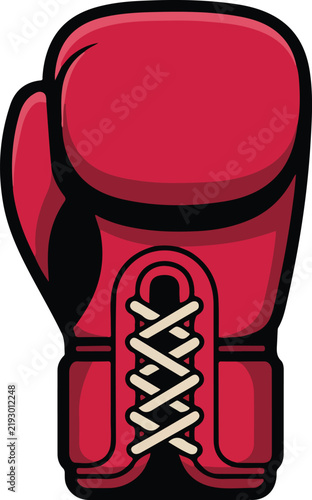 Red boxing glove featuring white laces and thick black outlines in flat vector style