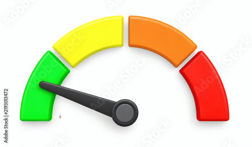 Speedometer gauge with needle pointing to green zone indicating good performance or low risk isolated on white background