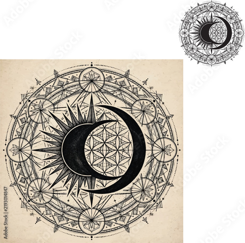 Complex Sacred Geometry Mandala Featuring Celestial Sun And Moon Design