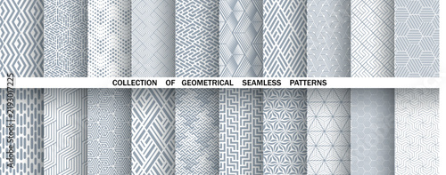 Geometric set of seamless gray and white patterns. Simple vector graphics