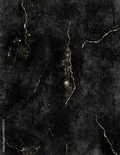 Abstract grunge black background. Glitter golden lines splashes on soft background
