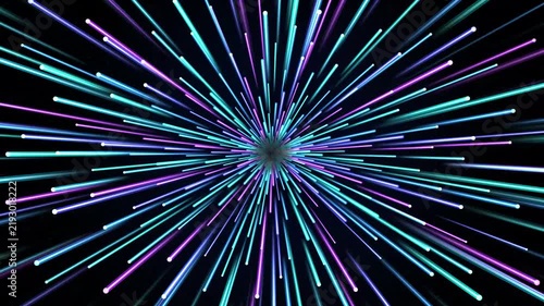 Abstract background with glowing neon light streaks radiating from the center.