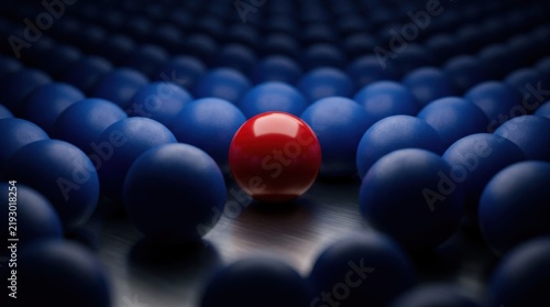 Single bright red sphere standing out among a dense field of dark cobalt-blue spheres, leadership and individuality conceptual 3D artwork, shallow perspective, dramatic low-key lighting, saturated