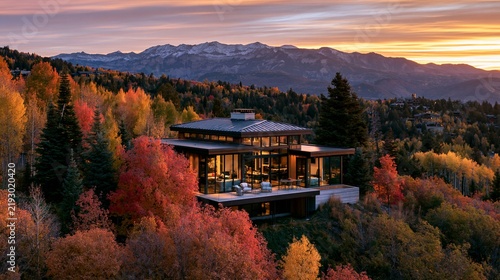 a modern, multistory house nestled amidst a dense forest during autumn. The house has a sleek, contemporary design with large glass windows and a flat roof, reflecting the surrounding landscape.