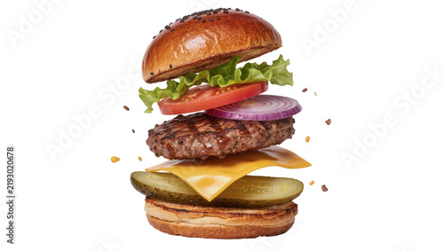 Deconstructed gourmet burger with beef patty cheese pickles tomato onion lettuce, isolated on transparent background