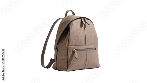 Taupe pebbled leather backpack with zippers, isolated on transparent background