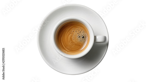 White ceramic espresso cup with crema swirl, isolated on transparent background