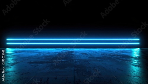 Abstract blue neon light streaks on black background with glowing futuristic floor reflection, modern sci-fi technology stage mockup design and digital cyberspace environment layout
