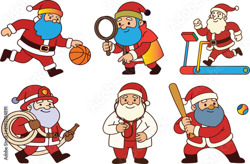 Collection of active Santa Claus characters in various fun, playful roles, showcasing diverse holiday activities.