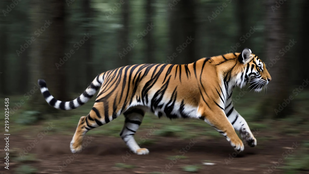 Obraz premium Tiger runs swiftly through forest with tall trees. Sunlight filters through leaves. Ground is covered with green foliage. Animal moves with purpose and grace Generative AI