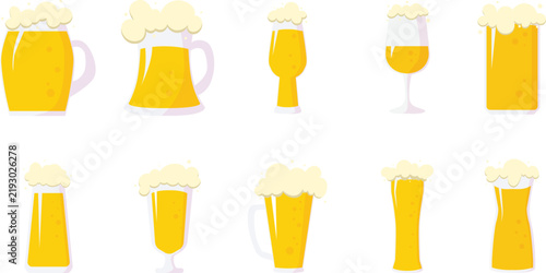 beer glasses isolated on white background, vector illustration of frothy beer mug, pilsner glass, tulip glass, draft beer, and pub drink clipart