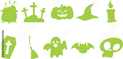 halloween silhouettes isolated on white background, vector illustration of lime green witch cauldron, graveyard, jack o lantern, witch hat, coffin, ghost, bat, skull, and spooky party clipart