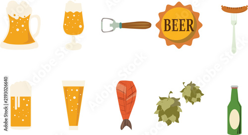 beer festival elements isolated on white background, vector illustration of draft beer mug, pilsner glass, bottle opener, grilled sausage, dried fish, hop cone, green beer bottle, and oktoberfest clip