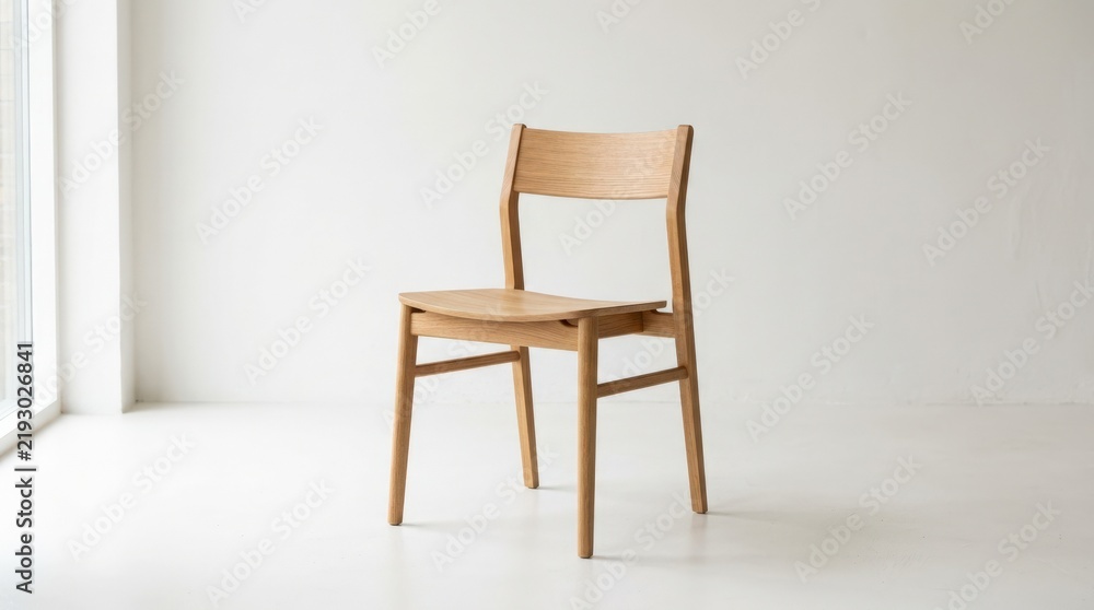 Obraz premium Minimal light-wood chair standing against a bright off-white studio background, clean furniture product visualization, slim geometric frame, soft natural shadow, warm oak tones and sophisticated