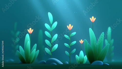 Serene animated underwater garden with green plants and small orange flowers swaying gently in the current, illuminated by beautiful sunbeams piercing through the deep blue water