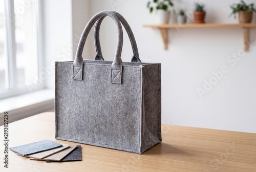 Reusable Recycled Textile Felt Tote Bag on Wooden Table