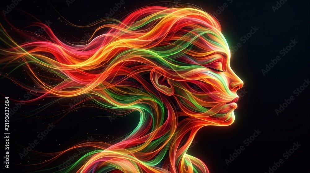 Fototapeta premium Human profile formed from flowing translucent ribbons of vivid red, orange, yellow and green against black, abstract digital art, energetic fluid motion, sharp facial silhouette, glowing layered