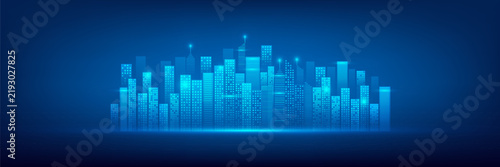 Futuristic digital cityscape, visualized as a glowing blue cyber skyline with luminous data points. This abstract technology vector illustration is ideal for web banners and hi-tech presentations