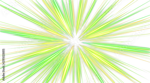 Vibrant green and yellow light burst with radial streaks on transparent background, abstract vector explosion effect for dynamic web banners, social media posts, and modern marketing designs