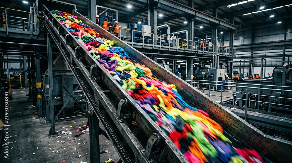 Obraz premium Rainbow colored textiles tumbling down a sleek industrial conveyor belt in a modern recycling facility with motion blur and cold machinery.