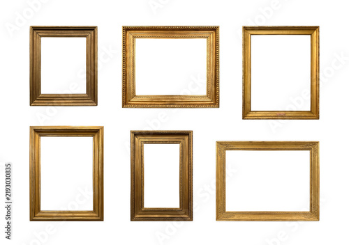 Collection of antique gilded picture frames isolated on white background