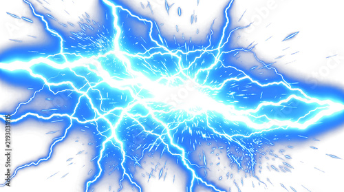 Vivid blue lightning bolt digital illustration with electric sparks and glowing energy effects, isolated on transparent background, perfect for vector graphics, poster design, and dynamic visual