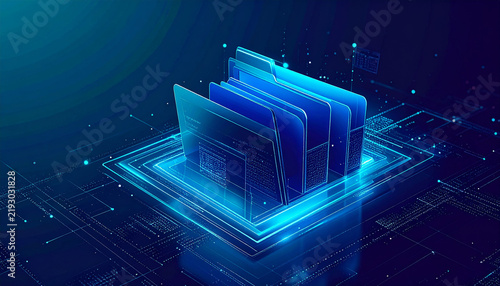 Digital Document Organization: A futuristic digital rendering showcases organized folders, symbolizing data management and information retrieval in a high-tech environment.