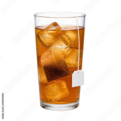 Glass of iced tea with floating tea bag and clear ice cubes isolated on transparent background PNG element