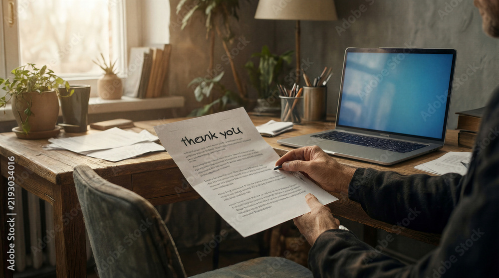 Fototapeta premium Thank-you template review by young professional working with laptop in warm aesthetic apartment during morning light