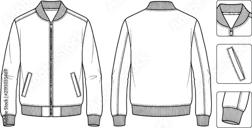 Technical drawing of a mens bomber jacket fashion sketch with front and back views showing collar sleeve cuff and pocket details for clothing manufacturing design
