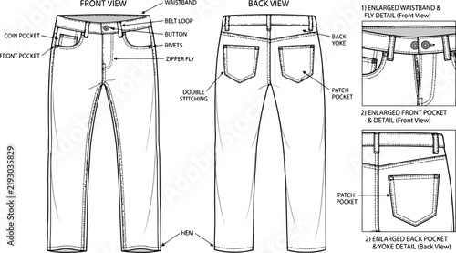 Technical sketch of denim jeans pants showing front and back view with construction details and labels on a simple outline illustration