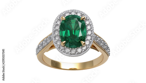 Fotografie Oval emerald halo ring with diamond accents, isolated on transparent background
