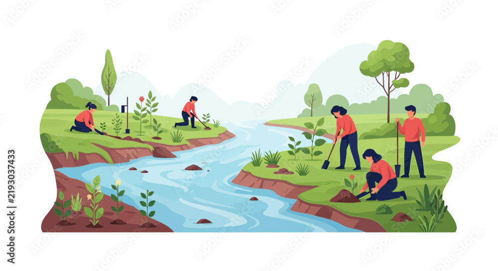 Fototapeta premium People Planting Trees Along Riverbank, Reforestation, Environmental Care