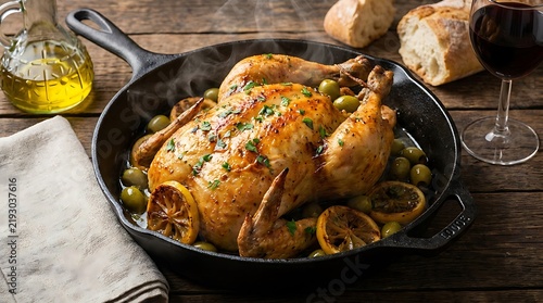 Roasted whole chicken with lemon and herbs in a black cast iron skillet on a rustic dark wooden table