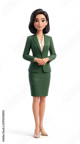 3D cartoon woman in green business suit standing against white background