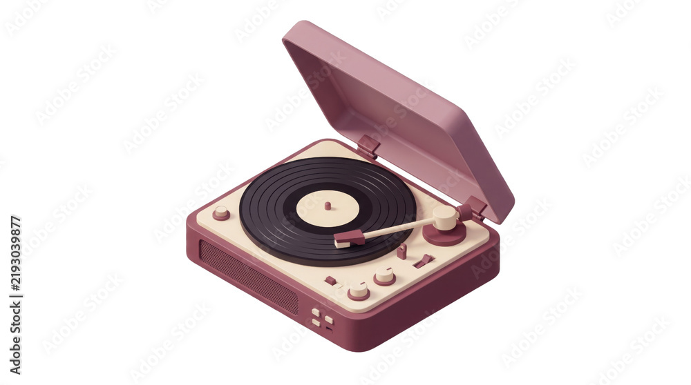 Fototapeta premium Retro vinyl record player in dusty rose pink, vintage portable turntable with black disc, isometric 3D music equipment for nostalgic audio design