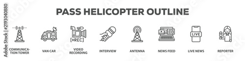 Pass Helicopter Outline with icon of Communication tower, Van car, Video recording, Interview, Antenna, News feed, Live news, Reporter