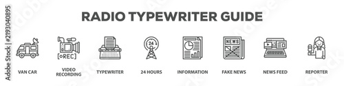 Radio Typewriter Guide with icon of Van car, Video recording, Typewriter, 24 hours, Information, Fake news, News feed, Reporter