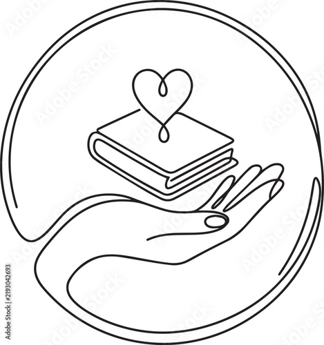 Continuous line drawing of a hand holding a book with a heart symbol braille day