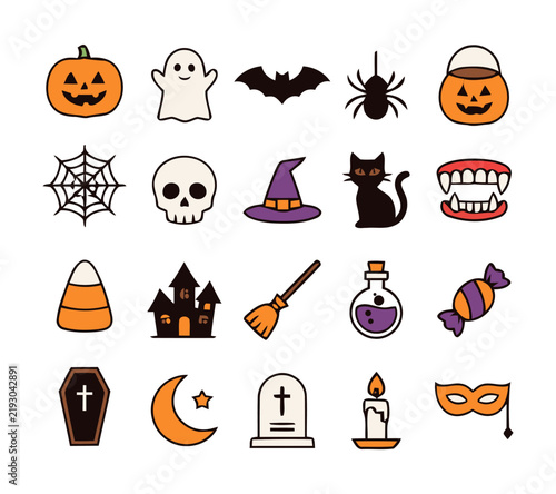 Colorful hand drawn halloween icons set with pumpkins ghosts bats and other spooky elements