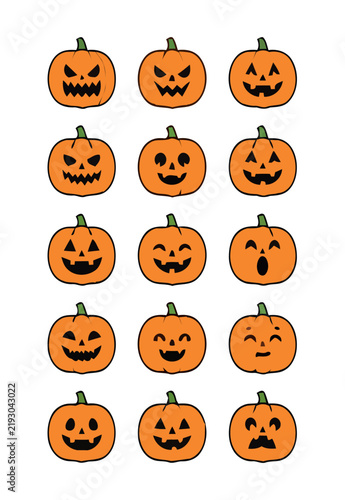 Collection of hand drawn jack o lanterns with various spooky and happy faces