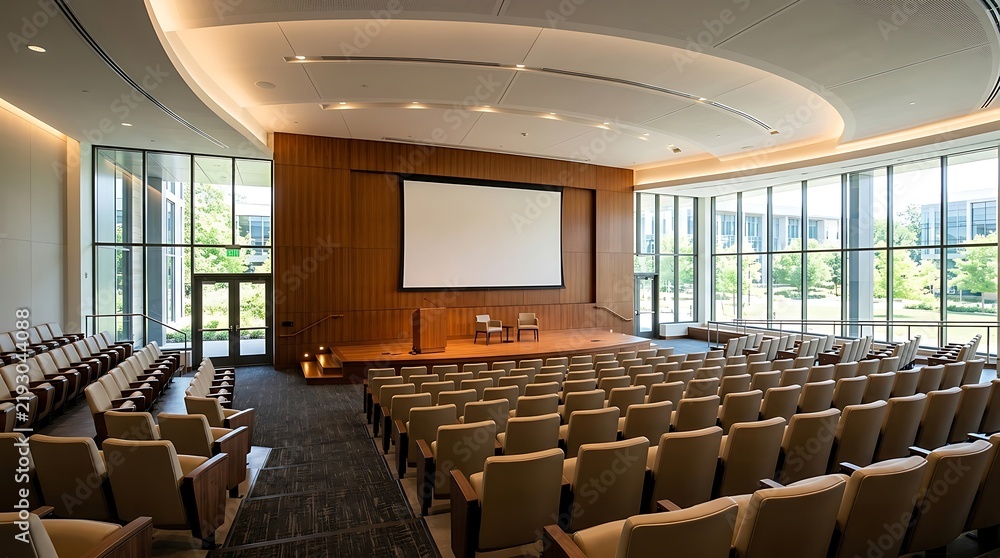 Fototapeta premium Modern lecture hall with rows of seats and large blank projection screen in a bright spacious university auditorium