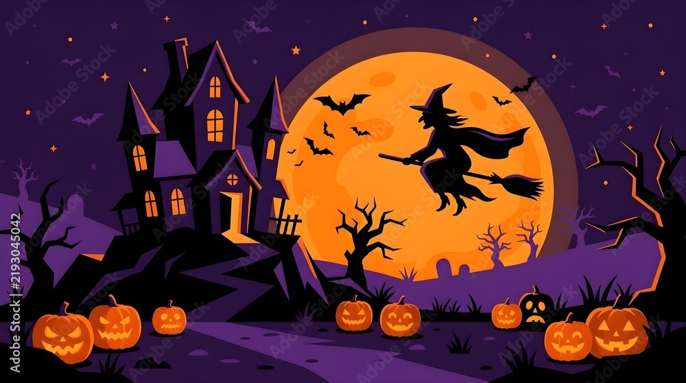 Fototapeta premium Halloween scene with witch on broom, haunted mansion, full moon, bats and carved pumpkins