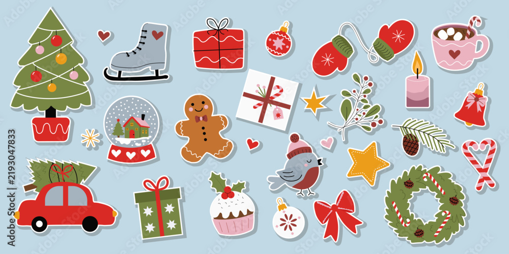 Fototapeta premium Retro Christmas sticker set with pine tree, car with fir tree, ice skate, gingerbread man, snow globe, mittens, and gift boxes. Festive holiday clipart collection for cards and packaging